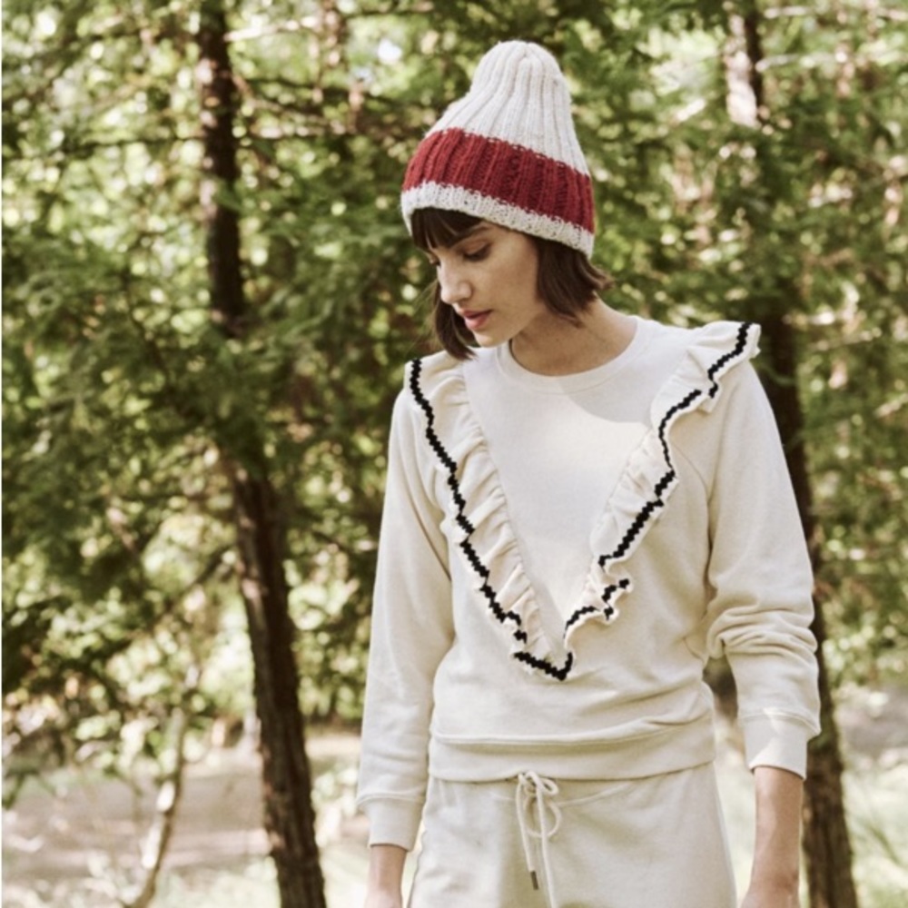 THE GREAT. Cream Ruffle Sweater with Black Trim